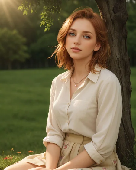 superbloom scenery, 24yo attractive irish redhead, (striking eyes with full limbal ring visible, piercing gaze with prominent limbal rings, large expressive eyes with sharp limbal rings, intense wide eyed stare at viewer:1.4), wide cinematic establishing shot seductive young woman sitting having picnic under tree, (bra strap, cleavage,  young adult irish redhead:1.25), (style of Alessio Albi:1.4), Realist Portraiture, Soft Lighting, Emotional Depth, Simple Compositions, (Layered Depth, Soft focus foreground, Painted Scenery:1.1), alluring feminine physique, short backlit hair, perfect face, thin upper lip, pouting lower lip, thin brows, small upturned nose, bow-shaped lips, Raised Eyebrows, Focused Gaze, eager expression, quaint farm setting, (relaxed country woman), (tight unbuttoned shirt, thin material), subsurface scattering, classic cotton, soft pastel, intricate embroidery collar cuffs, rolled-up sleeves revealing sun-kissed forearms BREAK (blanket:1.15), rich textures, patchwork design, vibrant colors, detailed stitching, homely aesthetic (skirt), elegant rustic charm, subtle floral pattern, linen, sways breeze BREAK ((wildflower wreath)), crown delicate chain necklace, small, intricate pendant, heart-shaped with floral theme, glowing subtly in the soft light, ethereal quality, [lens flare glinting], (mischievous yet content expression), lush green fields in the background, (soft, sunlit ambiance), simple leather boots, carefree hair  <lora:kodak_ultramax_400:0.8> golden hour, soft golden light, pastel sky, relaxed posture, natural smile, earthy colors, candid moment, trees and flowers in background, leading lines, depth of field, slightly off-center framing, warm tones, cinematic look, natural setting, editorial style, soft textures, subtle lighting, peaceful mood