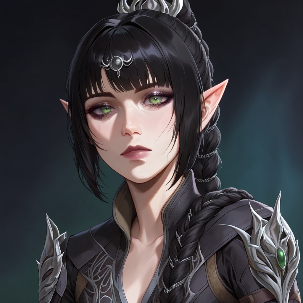 masterpiece, best quality, newest, absurdres, highres, DFAV1.5, 
1girl, shadowheart \(baldur's gate\), long braid, elf, pointy ears, black hair, braid, side bangs, green eyes,