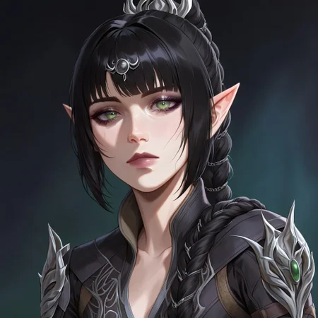 masterpiece, best quality, newest, absurdres, highres, DFAV1.5,
1girl, shadowheart \(baldur's gate\), long braid, elf, pointy ears, black hair, braid, side bangs, green eyes,