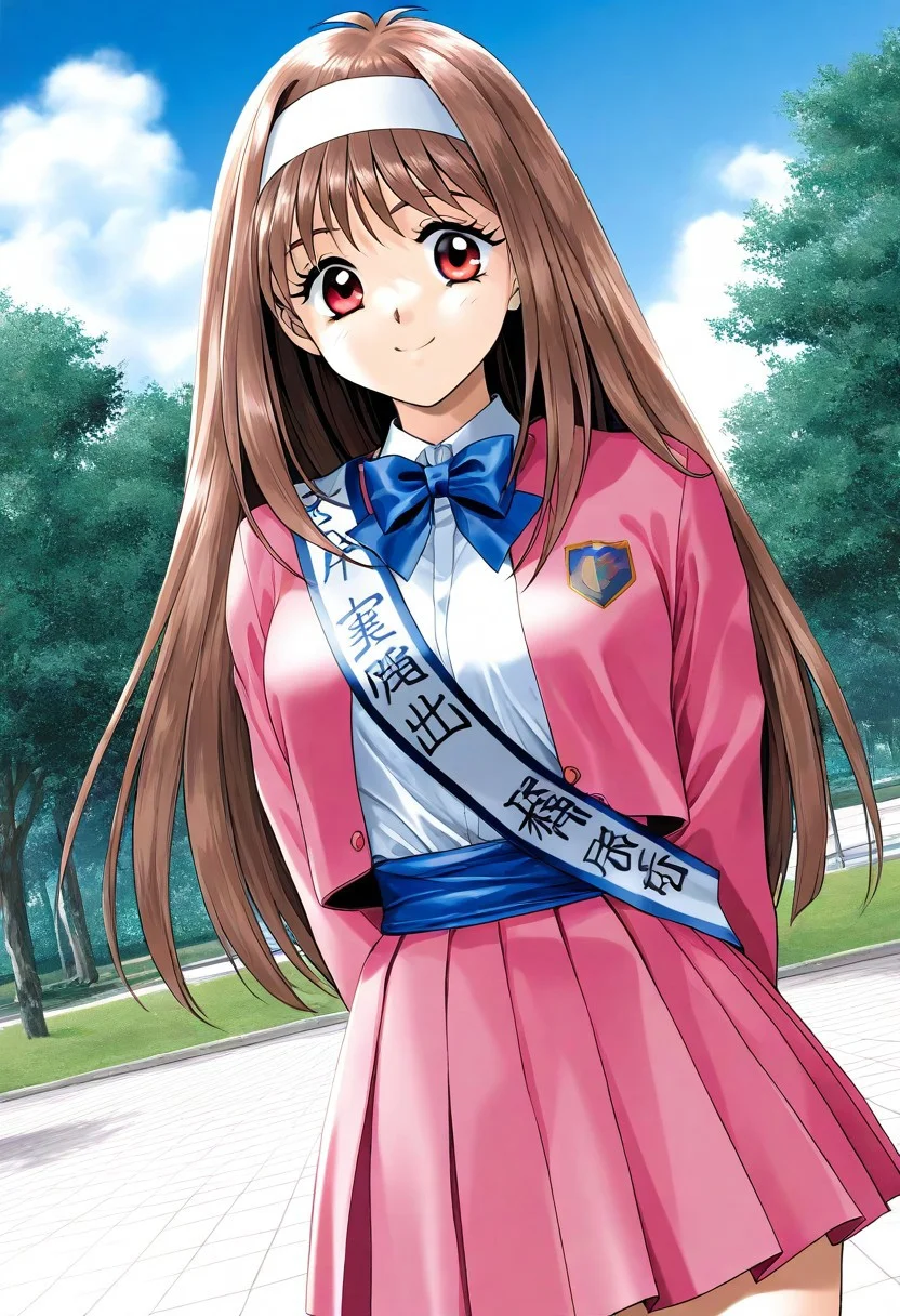 masterpiece, best quality, newest, absurdres, highres, very awa, Yuuki_Mizuho(kakyuusei), 1girl, solo, brown hair, long hair, white hairband, red eyes, breasts, brown eyes, pink jacket, bowtie, blue bow, blue bowtie, shirt, jacket, open jacket, white shirt, long sleeves, pleated skirt, pink skirt, blue west sash, arms behind back, smile, looking at viewer, cowboy shot, outdoor, day, blue sky, park, Dutch angle,