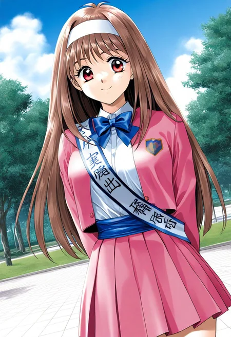 masterpiece, best quality, newest, absurdres, highres, very awa, Yuuki_Mizuho(kakyuusei), 1girl, solo, brown hair, long hair, white hairband, red eyes, breasts, brown eyes, pink jacket, bowtie, blue bow, blue bowtie, shirt, jacket, open jacket, white shirt, long sleeves, pleated skirt, pink skirt, blue west sash, arms behind back, smile, looking at viewer, cowboy shot, outdoor, day, blue sky, park, Dutch angle,