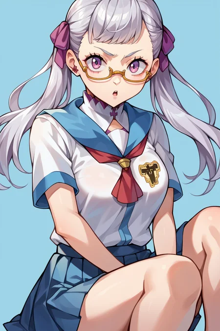 score_9, score_8_up, score_7_up, score_6_up, source_anime BREAK 1girl, solo <lora:noellesilva-pdxl-nvwls-v1-000005:1> noelle silva, grey hair, twintails, hair ribbon, white shirt, blue sailor collar, short sleeves, neckkerchief, pleated skirt, glasses, looking at you, chestnut mouth, medium breasts