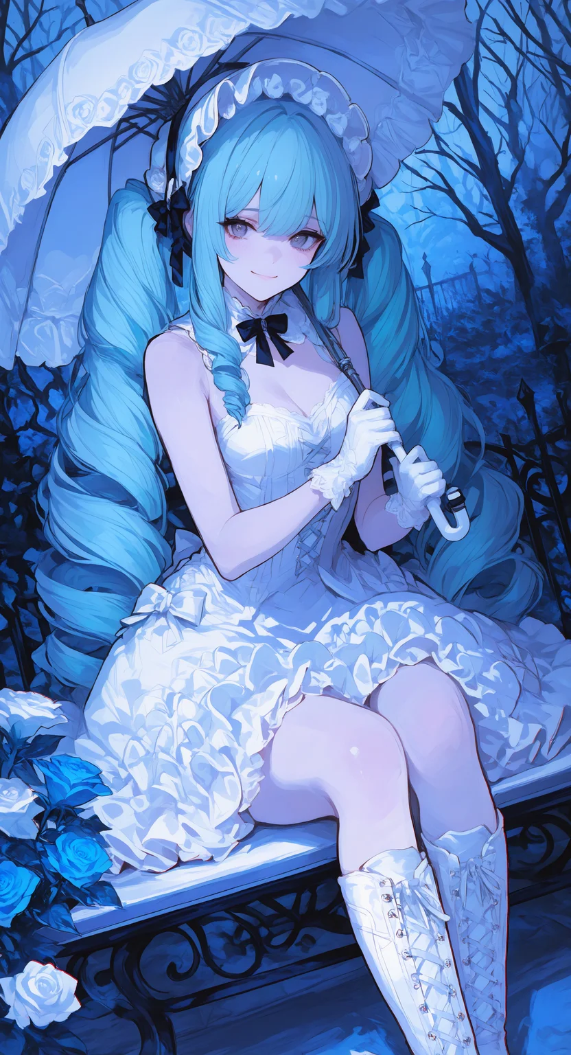 masterpiece, best quality, Good quality, very aesthetic, absurdres, newest, 1girl, solo, long hair, looking at viewer, smile, gloves, dress, holding, bow, ribbon, closed mouth, cleavage, bare shoulders, very long hair, sitting, twintails, blue hair, flower, hair bow, outdoors, Medium breasts, frills, boots, sleeveless, hand up, white gloves, white dress, tree, grey eyes, sleeveless dress, black ribbon, aqua hair, rose, umbrella, white footwear, drill hair, frilled dress, white flower, white bow, knee boots, white ribbon, twin drills, blue flower, cross-laced footwear, blue theme, holding umbrella, fence, chromatic aberration, lace-up boots, bench, blue rose, white rose, bonnet, bare tree,white umbrella, Dutch Angle <lora:ponyv4_noob1_2_adamW-000017:0.7> <lora:748cmSDXL:1> <lora:GBF_Illustrious:0.6>