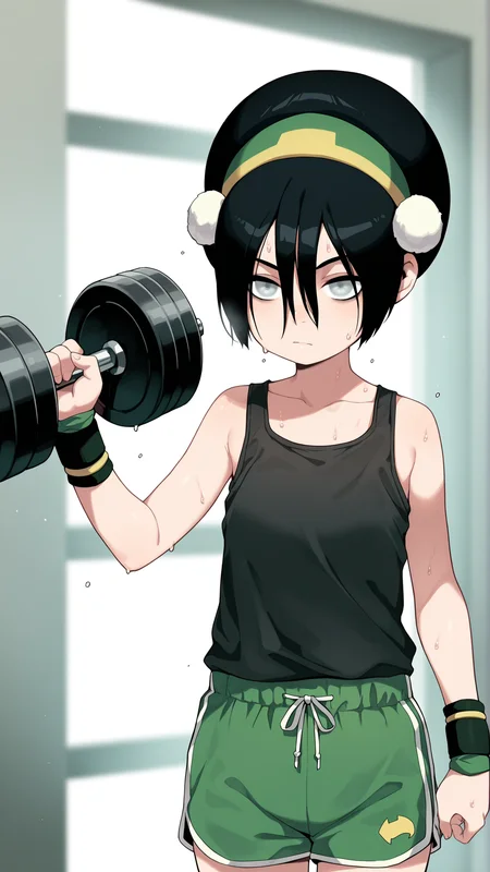 masterpiece,best quality,amazing quality, absurdres, solo, 1girl, <lora:WaiToph:0.9> illutoph, black hair, hair between eyes, blind, grey eyes, hairband, dolphin shorts, tank top, sweat, weightlifting, serious, dumbbell, hand up,
