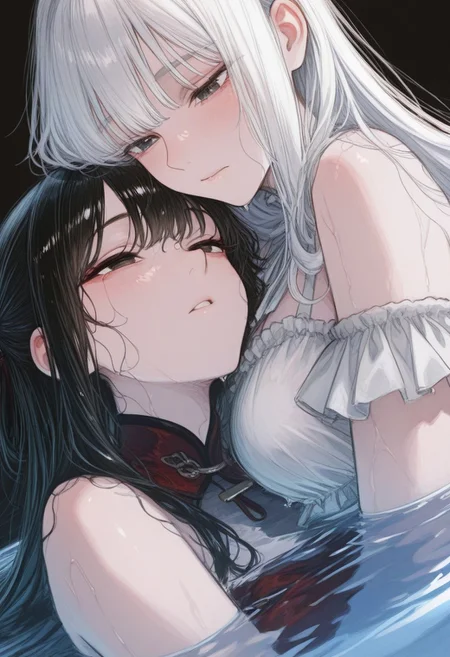 masterpiece, best quality, good quality, very awa, very aesthetic, absurdres, newest, 2girls, white hair, black hair, long hair, hug, black frilled dress, open eyes, head on another's chest, long hair, white frilled dress, wet, frills, partially submerged, close up, face portrait, dynamic angle, black background, line art,sketch,draft,minimalist,dynamic lines, 748cmstyle,
tanemura arina <lora:noobai_ep11_stabilizer_v0.138_fp16:0.3> <lora:NOOB_vp1_detailer_by_volnovik_v1:0.3> <lora:ponyv6_noobV1_2_adamW-000017:0.3> <lora:hs-LineArtIllust:0.8> <lora:745cmSDXLvpred75S:0.6>