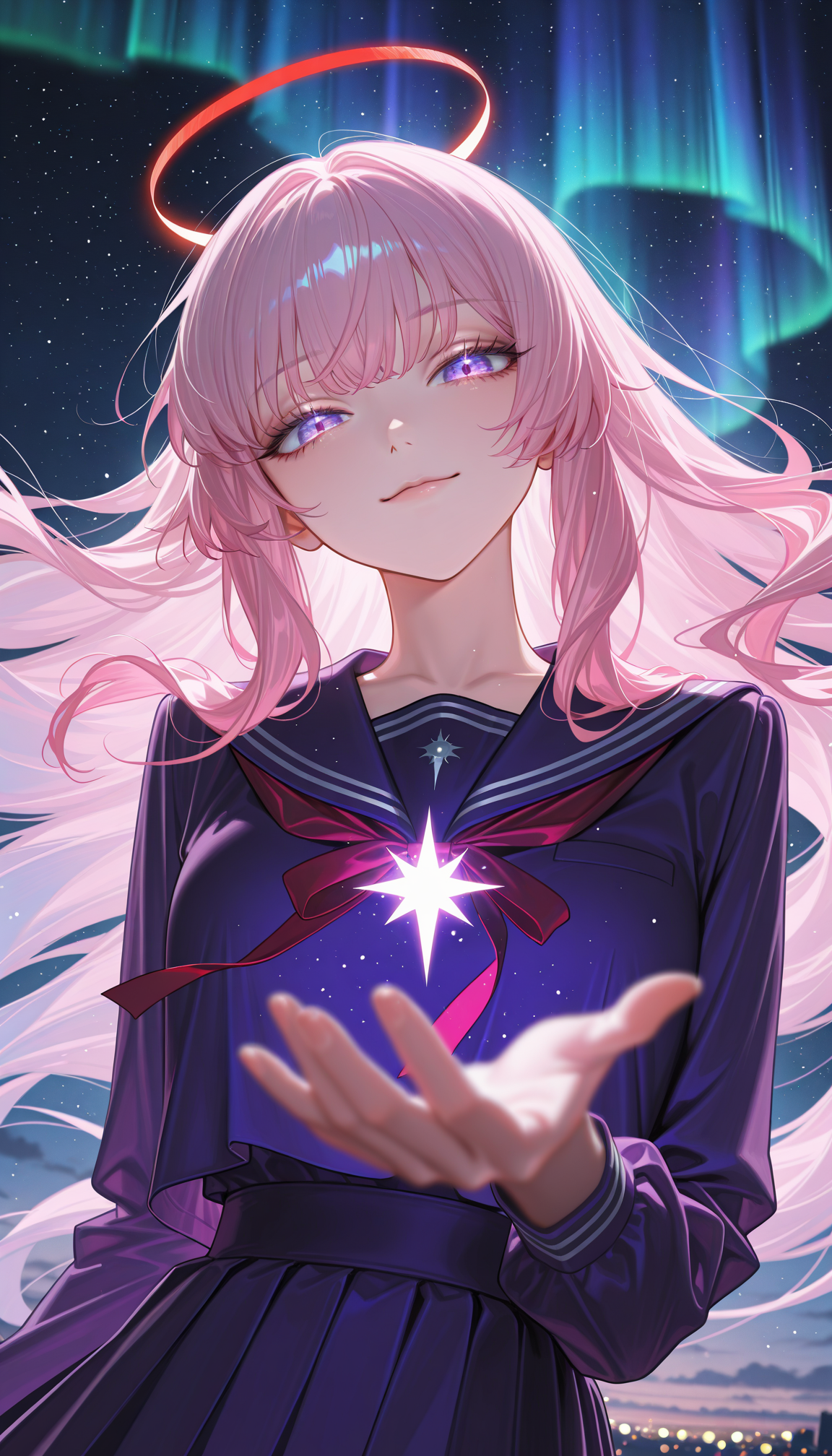 masterpiece, best quality, amazing quality, 4k, very aesthetic, high resolution, ultra-detailed, absurdres, newest, scenery, colorful, rim light, backlit, cosmic sky, aurora, chaos, fashion photography of busty cute girl, (cute:1.2), intense long pink hair, long hair, choppy bangs, nebulae cosmic purple eyes, rimlit eyes, dynamic pose, bokeh, purple serafuku with big red ribbon, red annular solar eclipse halo, perfect night, fantasy background, looking at viewer, light smile, glowing star in hand, (colorful light particles:1.2), (face focus:0.7), from below, dutch angle, upper body, head tilt, BREAK, detailed background, blurry foreground, depth of field, volumetric lighting