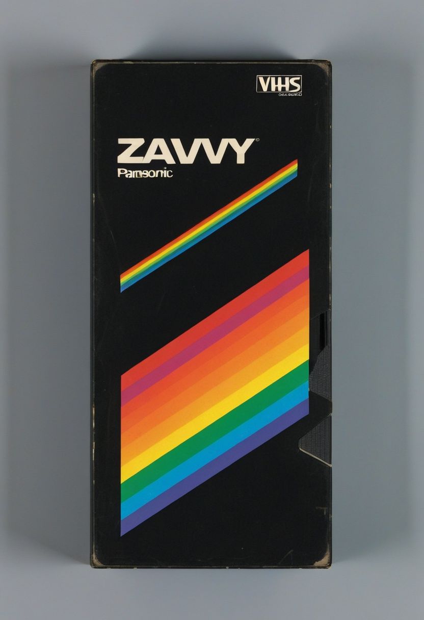 vhs-box, text focus, english text, vhs casette, "ZAVY:CHROMA" logo, rainbow stripe, vhs black case, E-180, PANASONIC, retrowave
