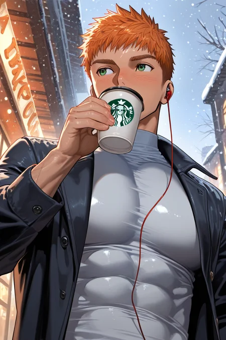 looking away, expressive happy face, 1boy, NapoliPizzaguy, orange hair, green eyes, short hair, manly, muscular, bara, covered mouth, shiny skin, holding cup of coffee, starbucks cup, drinking, boyfriend cosplay, earphones, tight white turtleneck, pecs, abs, black open coat, outdoors snowing, from below, dutch angle, dynamic angle, dynamic action, atmospheric perspective, cinematic, intricately detailed illustration, depth of field, masterpiece, best quality, amazing quality, very aesthetic, absurdres, newest,