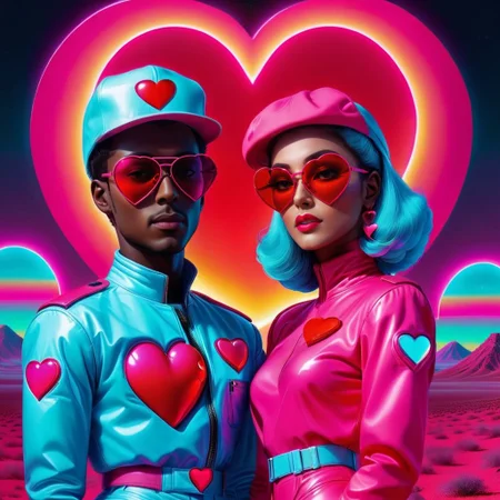 <lora:NeonHeartv4:0.8> Neon Heart, husband and wife, futuristic expensive attire, wearing stunna shades with mirror tint.