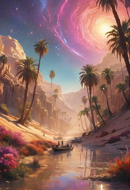 Envision a mystical desert oasis surrounded by golden sand dunes, where an iridescent lake reflects the stars above. Palm trees sway gently in the warm breeze, and vibrant flowers bloom in unexpected colors. In the distance, a caravan of travelers rides on the backs of majestic sand creatures, while shimmering mirages create illusions of distant cities. The atmosphere is enchanting, filled with the promise of adventure and the allure of the unknown.
style of greg rutkowski,janek sedlar,jenny saville:0]  <lora:vivid_everclear:0.35>  <lora:Sinozick:0.35>  <lora:MJ52:0.35>