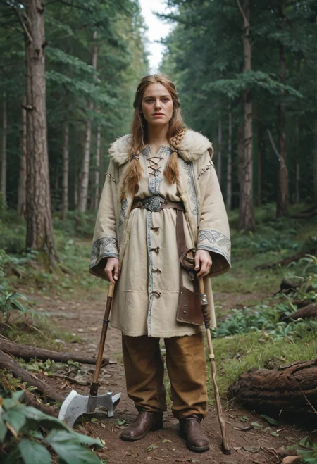 score_9, score_8_up, score_7_up zPDXL3 (desirable young woman:1.1) viking, wearing Norse explorer attire with fur-trimmed coat, linen tunic, hide belt, woolen trousers, hide boots, fur hat, throwing axe .set in Viking Battlefield, Dense forest clearing with ancient trees looming overhead, fallen logs serving as impromptu barriers, war cries muffled by the thick foliage, flickering torchlight casting eerie shadows, the crunch of leaves underfoot amidst the chaos of battle zPDXLrl