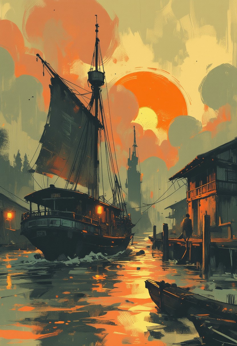 OBxiaoxiang, Special Ink-drawing mode, Mh1$AgThS2, intricate linework with expressive contrasts, inksketch of a Chinese Junk sailing into a south-east asian medieval harbour, sunset