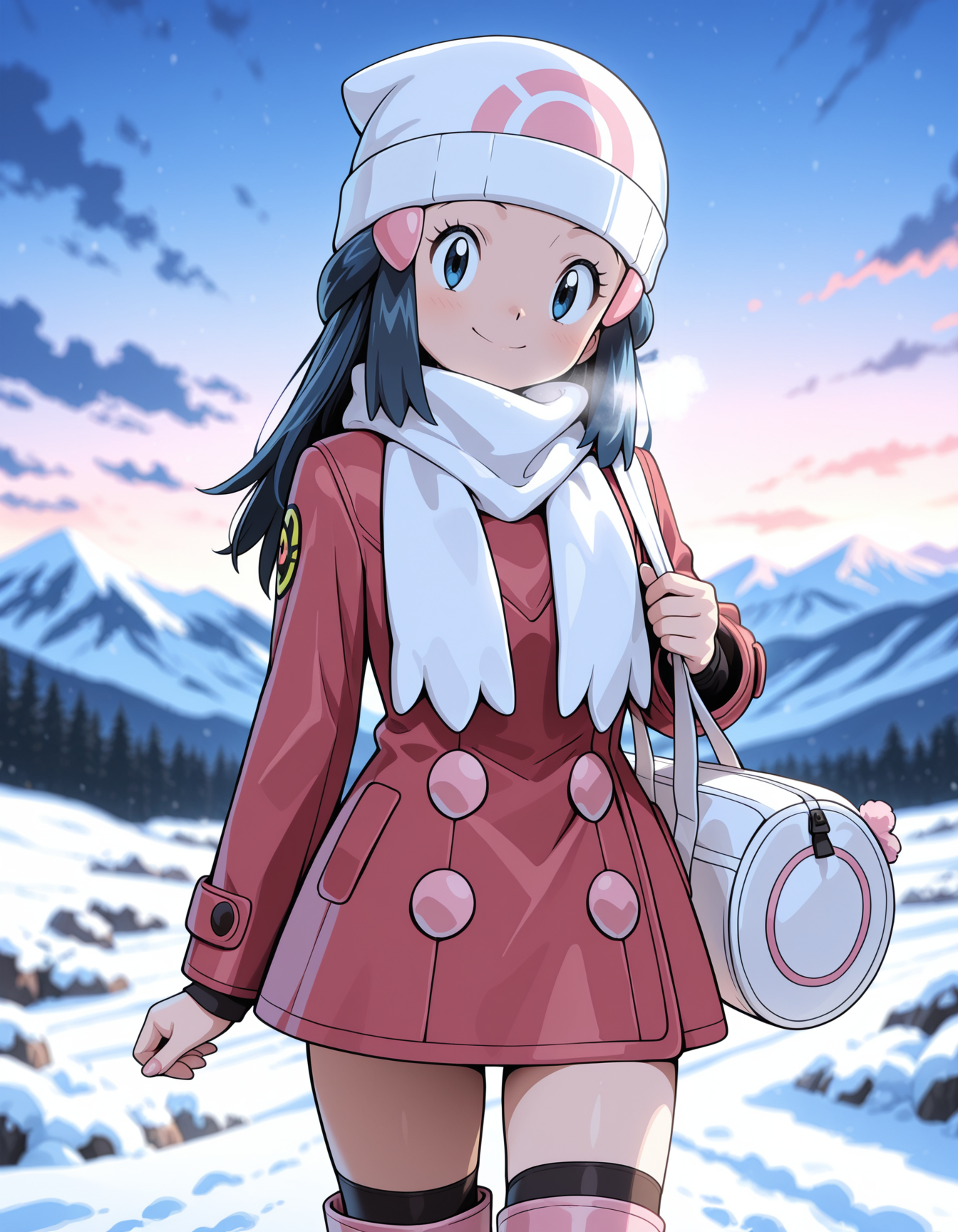 <lora:Dawn_-_Pokemon_Illustrious:0.9> masterpiece, best quality, amazing quality, very aesthetic, absurdres, depth of field, blurry background, extremely detailed face, detailed eyes, (official style:1.2), screencap,
<lora:@CFG Scale Boost:0.7>
dawn, 1girl, solo, eyelashes,
hat, coat, scarf, white scarf, beanie, winter clothes, thighhighs, over-kneehighs, long sleeves, red coat, white headwear, hair ornament, bag, white bag, boots, pink footwear,
snow, mountain background, pines, sky, clouds,
smile, standing, smile, looking at viewer, seductive pose, sexy,
cowboy shot,
