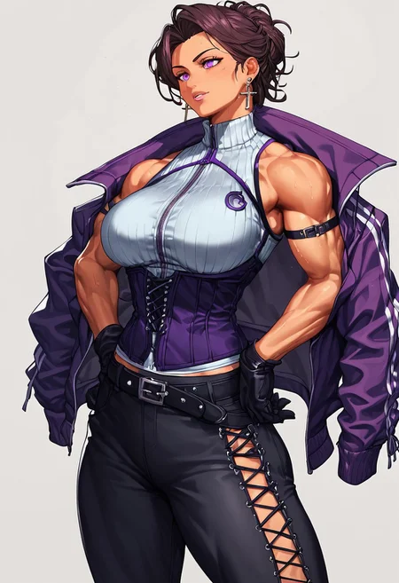 rinotuna, score_9, score_8_up, score_7_up, score_6_up, Expressiveh BREAK mature woman, dhdnoi, muscular female, obliques, purple jacket, track jacket, black gloves, purple pants, earrings, cross-laced clothes, corset, arm strap, black pants, black belt, earrings
