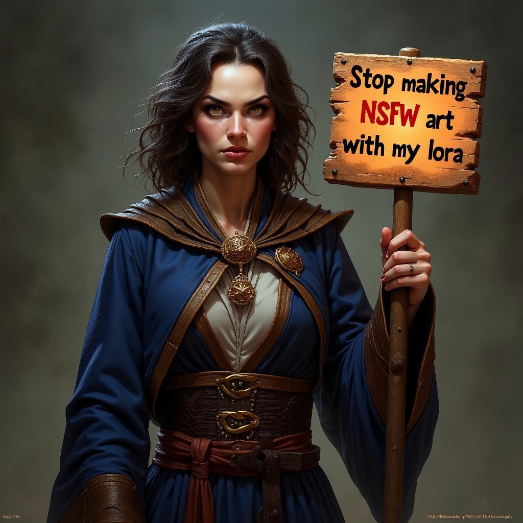 a angry  wizard   woman holding a wooden sign saying "  stop making NSFW art with my lora"