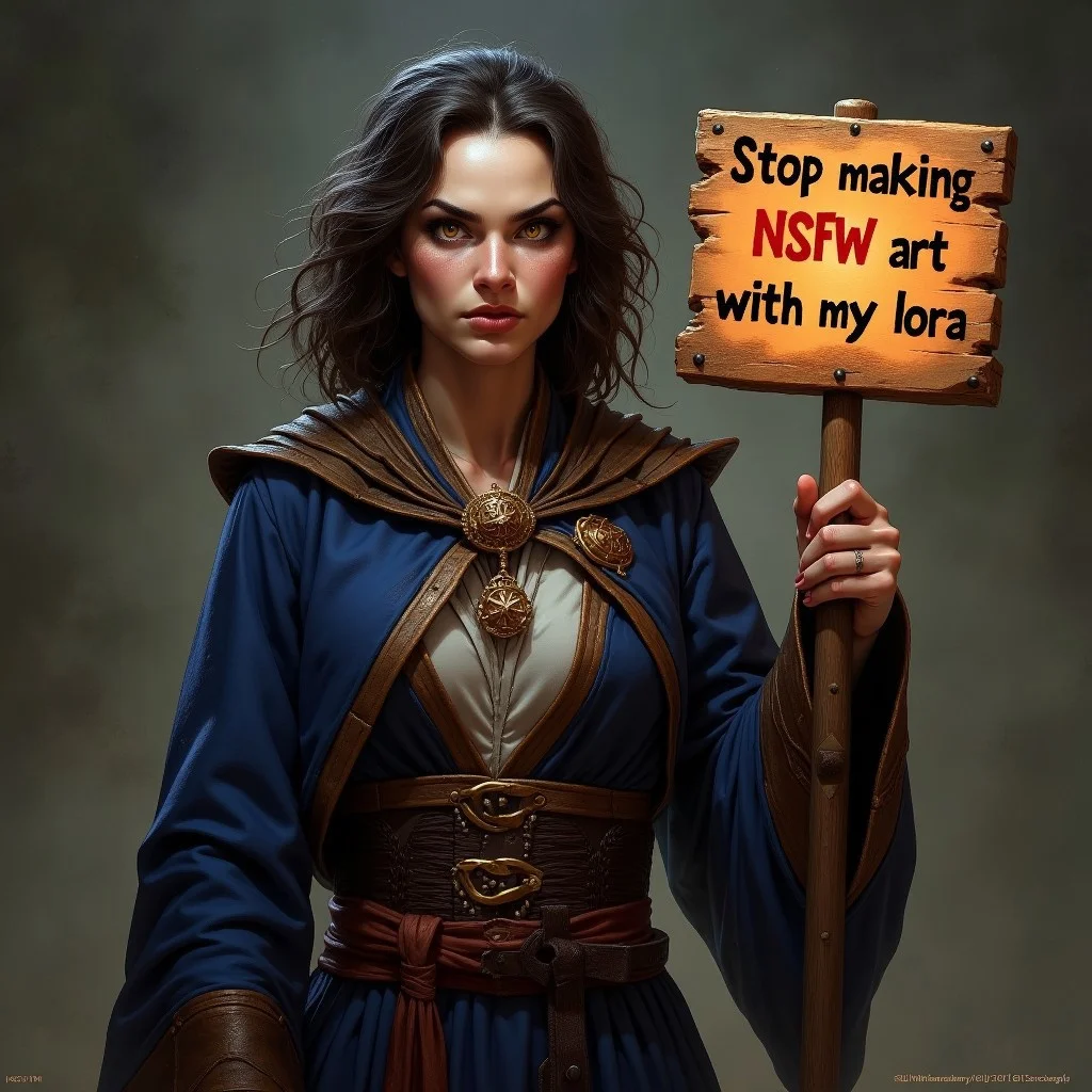 a angry wizard woman holding a wooden sign saying " stop making NSFW art with my lora"