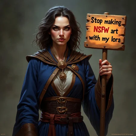 a angry  wizard   woman holding a wooden sign saying "  stop making NSFW art with my lora"