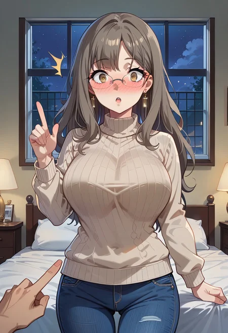 score_9, score_8_up, score_7_up, source_anime, masterpiece, best quality, high quality, highres, cinematic lighting, (solo, front view, closed up face, cowboy shot, bedroom, different angles), (Futaba_Rio, brown_eyes, grey_hair, long_hair, large_breasts, rimless_eyewear, simple sweater, brown sweater, blue pants, denim pants, earrings, detail hands, looking at viewer, surprised, standing, perfect anatomy, anatomically correct hands, 5 finger hands), (night, Expressiveh, full-face blush), (1boy, white skin, pointing with one hand her chest, our of focus)