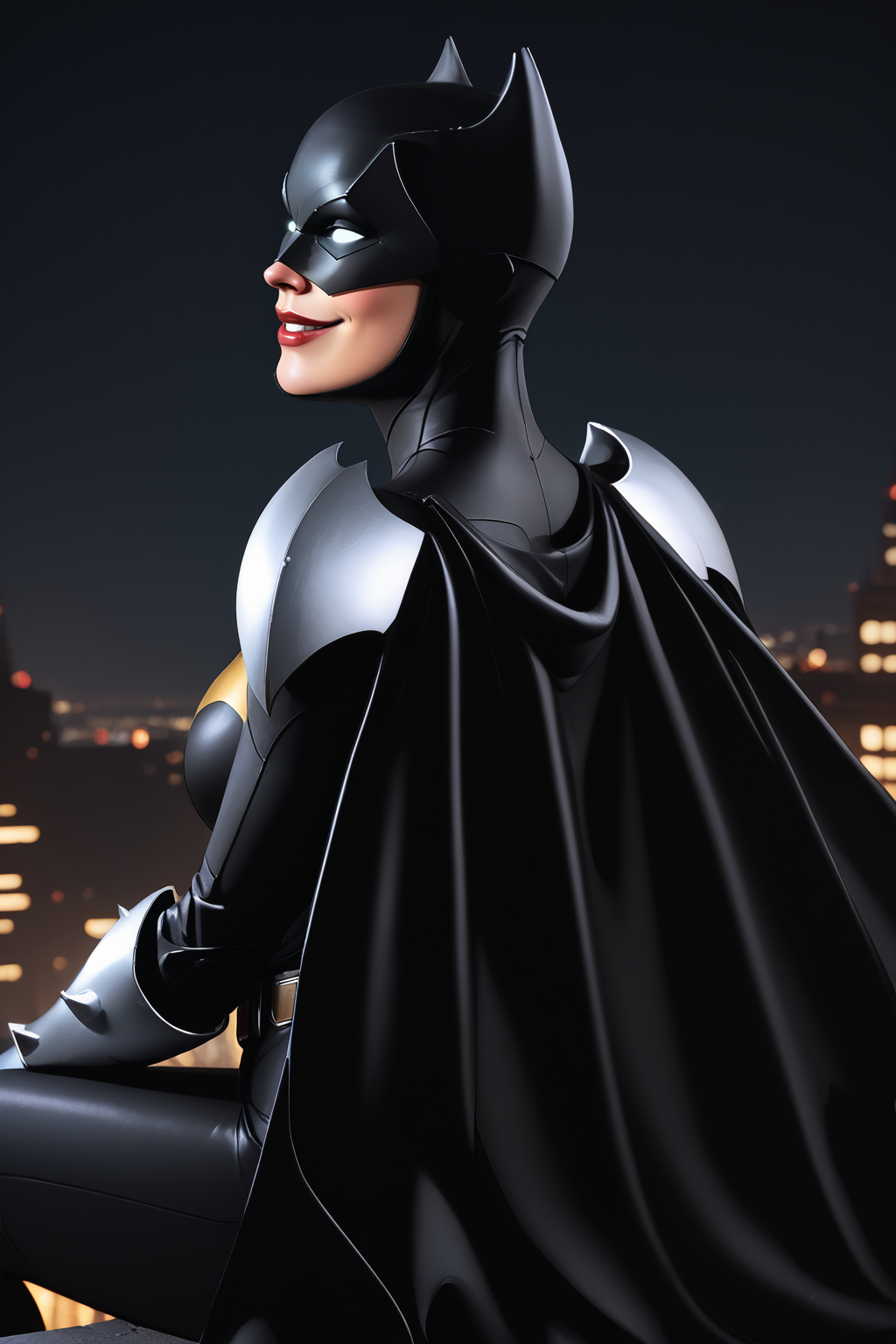 score_9, score_8_up, score_7_up, masterpiece, high quality, BREAK realistic
 <lora:Elseworld BatgirlPonyLoRA:0.8>elswrldbtgrl, mask, shoulder armor, bodysuit, cape, white eyes, no pupils, bracer, gloves, belt, portrait, at night, smile, sitting on a roof top, from side