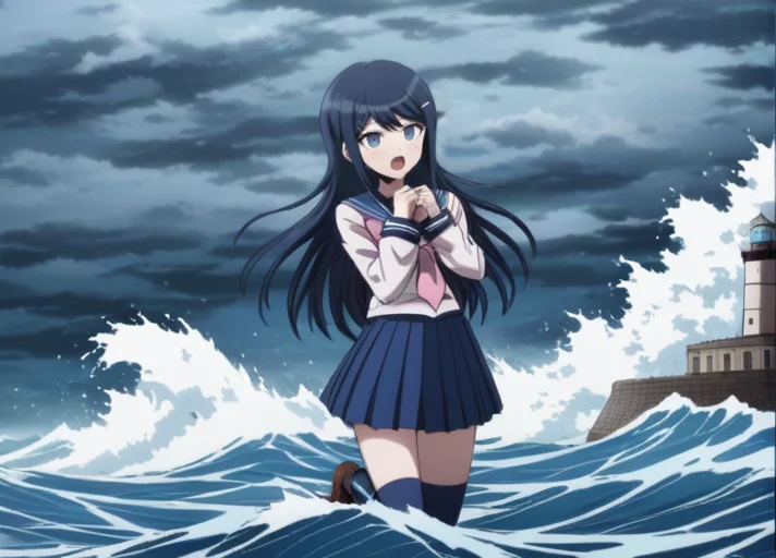 <lora:Sayaka_Maizono_SDXL:1>, (((blue socks))), This anime screencap is from Danganronpa the Animation. (((blue socks))), Sayaka Maizono wearing her uniform from Danganronpa 1. She has her long blue hair down. She is wearing the white and blue Hope's Peak Academy uniform with a bright white top. Her sleeves reach her wrists. She's wearing a light pink ribbon. She has a short, pleated, blue skirt. Sayaka Maizono wears navy blue thigh-high socks. Her footwear is dark brown Mary Janes shoes. Sayaka Maizono is enacting a crouching . Sayaka Maizono's expression is expression filled with desire . Sayaka Maizono is interacting with lighthouse,storm,waves,ocean,turbulent water,crashing waves,sea spray,tower,stone building,rough sea,dramatic,powerful,nature,coastal,dangerous,extreme weather,water,maritime,circular tower,sea foam,turquoise water,weathered structure,isolated,perilous,atmospheric