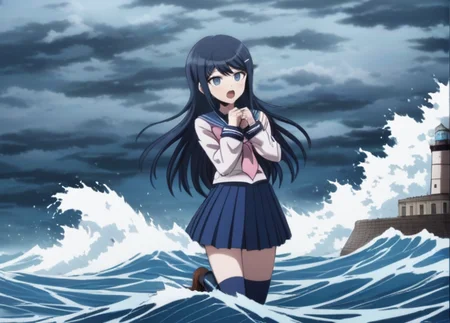 <lora:Sayaka_Maizono_SDXL:1>, (((blue socks))), This anime screencap is from Danganronpa the Animation. (((blue socks))), Sayaka Maizono wearing her uniform from Danganronpa 1. She has her long blue hair down. She is wearing the white and blue Hope's Peak Academy uniform with a bright white top. Her sleeves reach her wrists. She's wearing a light pink ribbon. She has a short, pleated, blue skirt. Sayaka Maizono wears navy blue thigh-high socks. Her footwear is dark brown Mary Janes shoes. Sayaka Maizono is enacting a crouching . Sayaka Maizono's expression is expression filled with desire . Sayaka Maizono is interacting with lighthouse,storm,waves,ocean,turbulent water,crashing waves,sea spray,tower,stone building,rough sea,dramatic,powerful,nature,coastal,dangerous,extreme weather,water,maritime,circular tower,sea foam,turquoise water,weathered structure,isolated,perilous,atmospheric
