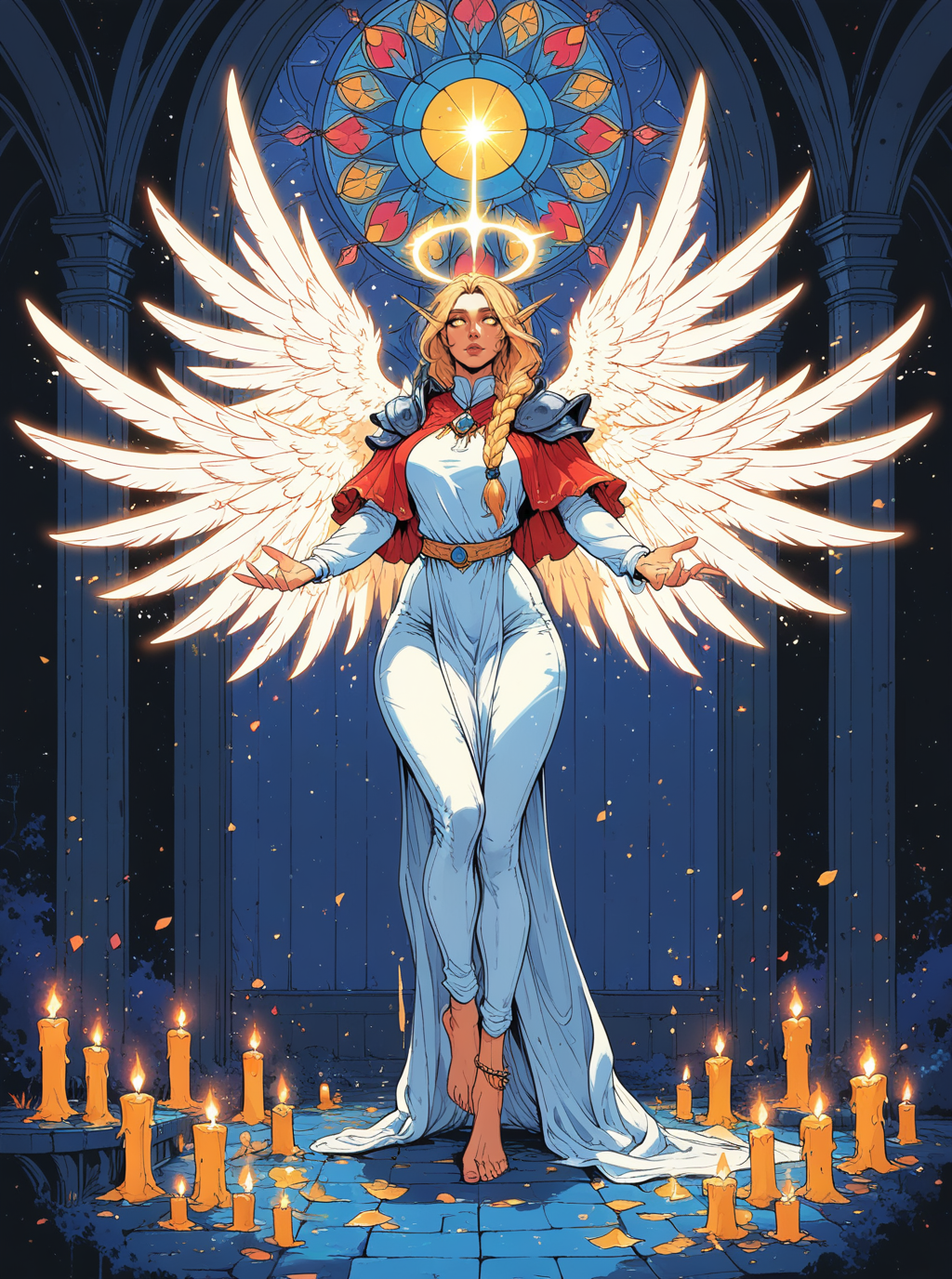 sref4535, full body of elf woman wearing white tabard and red capelet, nose, lips, pauldrons, blonde, single braid, wide hips, legwear, barefoot, anklet, glowing angel wings, glowing halo, yellow eyes, particles, night, dark atmosphere, temple indoors, candles, stained glass windows, solo, glass shards, dynamic pose <lora:sxz-sref4535:0.8>