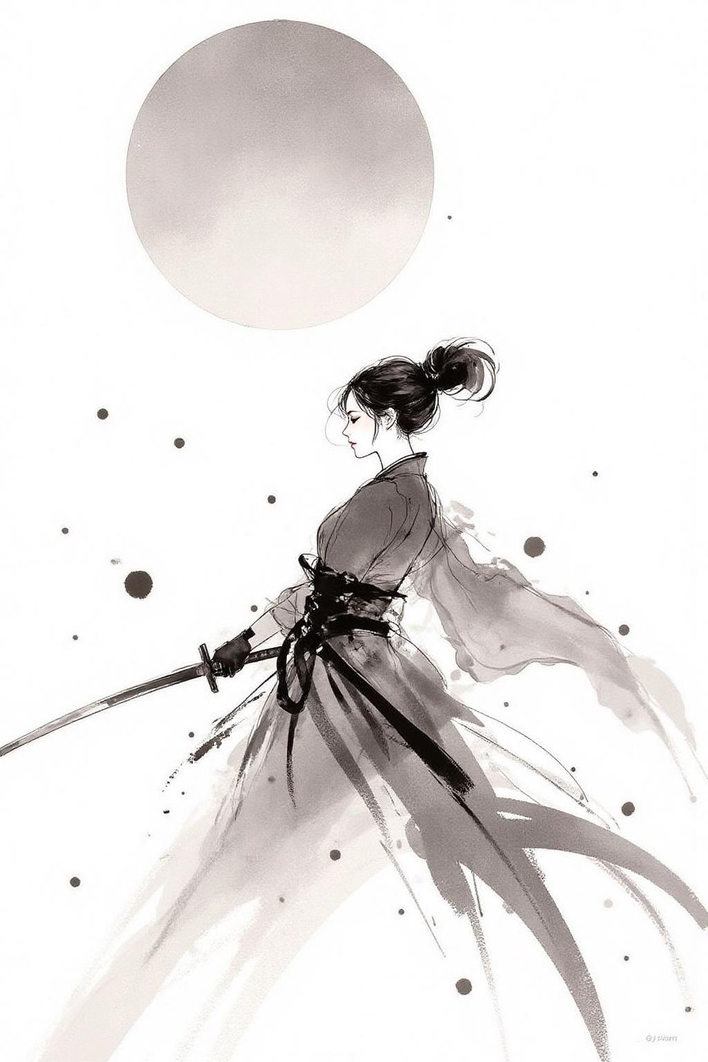 nijiwc1 Ink brush style illustration. 
 nijiwc1 ink wash brush style illustration of a female Japanese samurai warrior wielding a katana, blending form with reality. Glitching the surreal with blurred dreams on a white background. Woven light fuses delicatly with whispering shimmers creating a eyecatching and masterpiece artwork. drifting fog, cracked light and smokey haze in floating threads finishes the dreamlike reality.
The background is stark white <lora:inkwash_niji_nocap_d6a3:1.0><lora:806968842749338186:0>