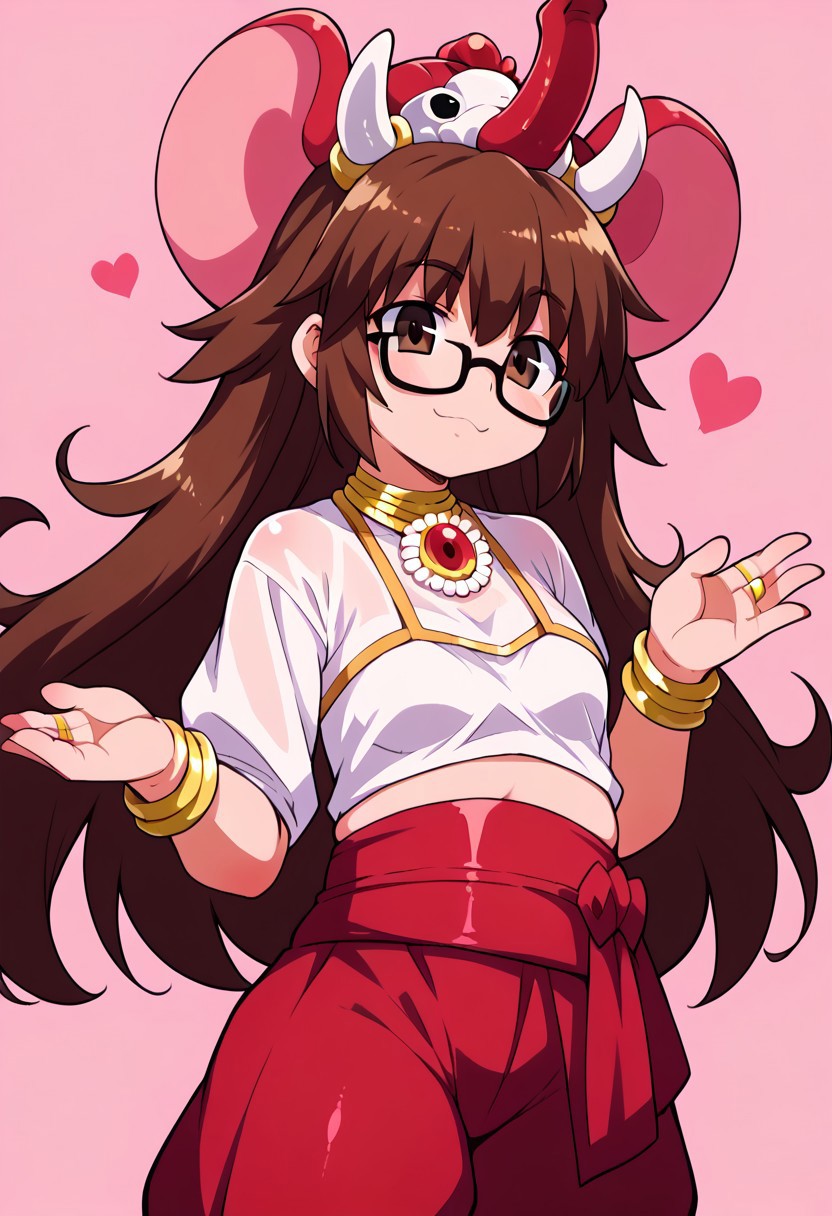 (zPDXL3),
(zPDXLxxx),
fate/grand_order, 
Ganesha, 
1girl, 
long hair, brown hair, brown eyes, messy hair, plump, glasses, bow, animal hat, arabian clothes. jewelry, bracelet, rings, harem pants, sash,
pose,
joy,