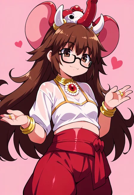 (zPDXL3),
(zPDXLxxx),
fate/grand_order, 
Ganesha, 
1girl, 
long hair, brown hair, brown eyes, messy hair, plump, glasses, bow, animal hat, arabian clothes. jewelry, bracelet, rings, harem pants, sash,
pose,
joy,