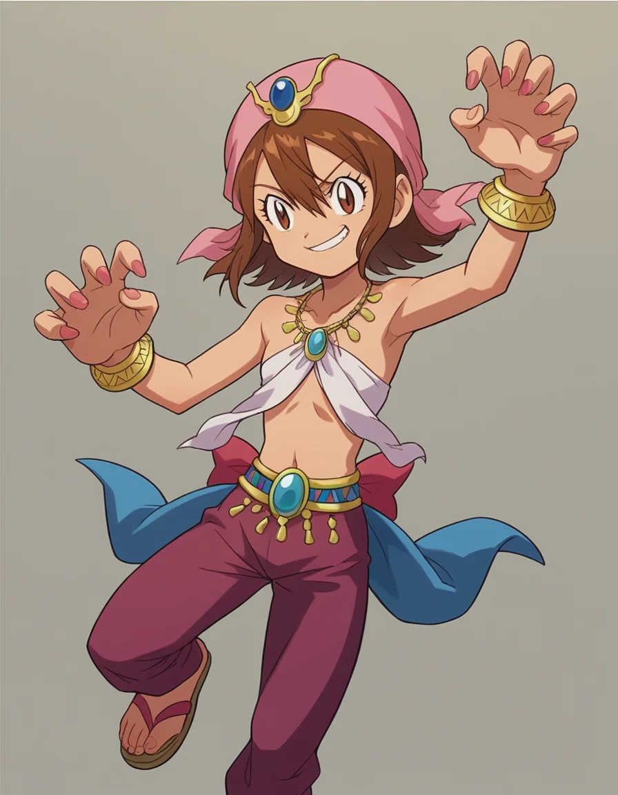 zPDXL, score_9, score_8_up, score_7_up, source_anime,
<lora:Digimon_v2-15:0.8> digimon, 1girl, solo, sora, brown hair, brown eyes, short hair, hair between eyes, smirk, claw pose, (arabian princess) wearing Ornate maroon velvet abaya with intricate beadwork, silk trousers, ornamental headscarf, beaded sandals, ornate golden headpiece with cascading jewels,