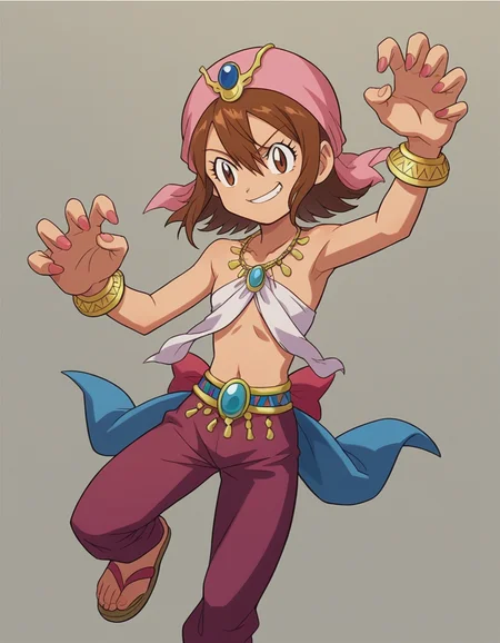 zPDXL, score_9, score_8_up, score_7_up, source_anime,
<lora:Digimon_v2-15:0.8> digimon, 1girl, solo, sora, brown hair, brown eyes, short hair, hair between eyes, smirk, claw pose, (arabian princess) wearing Ornate maroon velvet abaya with intricate beadwork, silk trousers, ornamental headscarf, beaded sandals, ornate golden headpiece with cascading jewels,