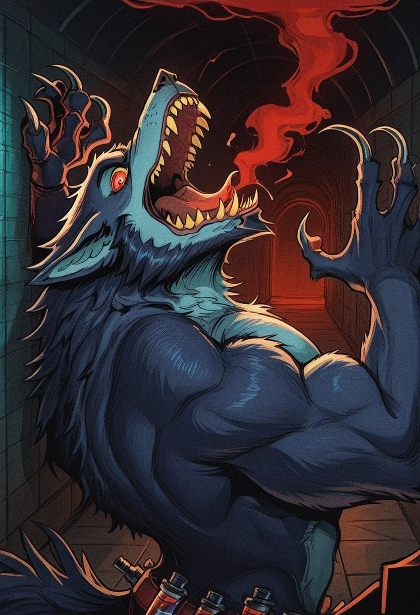 813nm0hstyle, masterpiece, best quality, solo, warwick, closeup, red mechanical vial tube pumps attatched on its back, biceps. bronze claw, sharp claws, Pointy ears, Pectorals. fangs, sharp teeth, red eyes, yellow scelera, sharp teeth, jaw open, sharp claws, dark-blue fur, beard. prison hallway, red smoke, rage, dark, moody, shrouded around red mist, arms curled up, howling, rage,
