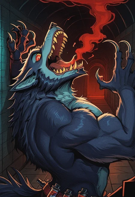 813nm0hstyle, masterpiece, best quality, solo, warwick, closeup, red mechanical vial tube pumps attatched on its back, biceps. bronze claw, sharp claws, Pointy ears, Pectorals. fangs, sharp teeth, red eyes, yellow scelera, sharp teeth, jaw open, sharp claws, dark-blue fur, beard. prison hallway, red smoke, rage, dark, moody, shrouded around red mist, arms curled up, howling, rage,