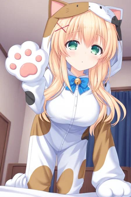 masterpiece,best quality,amazing quality,highres,scenery,newest,1girl,official style,tsumugi,green eyes,blonde hair,hair between eyes,long hair,bangs,tsumugi,green eyes,blonde hair,hair between eyes,long hair,bangs,tsumugi cosplay,blue bow,hair ornament,bell,x hair ornament,bow,gloves,bangs,animal hands,blue bowtie,bowtie,animal ears,hair between eyes,cat costume,<lora:summerpockets-tsumugi-V5:1>,bedroom,bed,looking at viewer,all fours,from below,from side,waving,