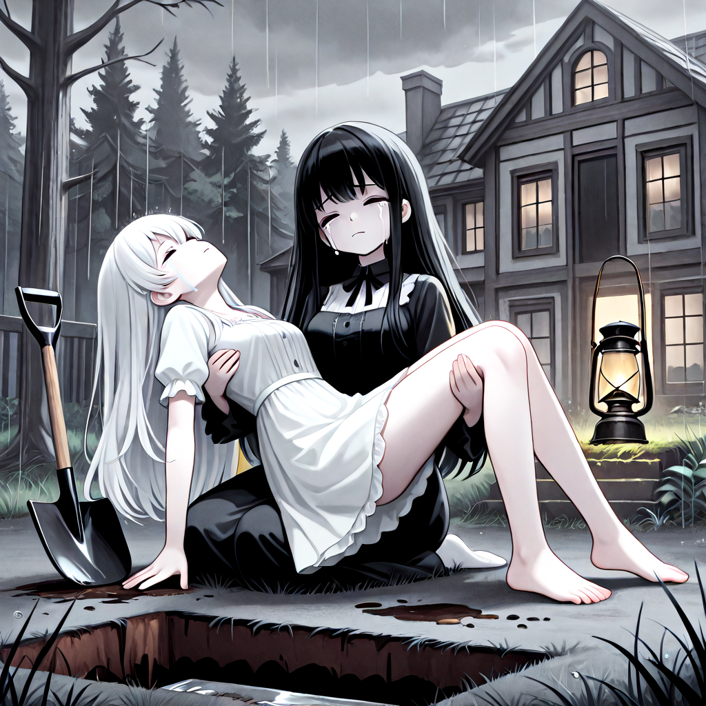 absurdres, explicit, grave digging, hand on ground, princess carry, 2girls, sleeping, carrying, crying, tears, sad, breasts, closed eyes, closed mouth, pale skin, long hair, black hair, white hair, gothic dress, bangs, tree, grass, death, corpse, victorian, house, building, oil lamp, lantern, shovel, fog, smog, grey sky, seiza, head tilt, rain, water drop, shouting, from below, low angle, (((leaning back))), <lora:girlhategravedigging_ilxl:0.8>