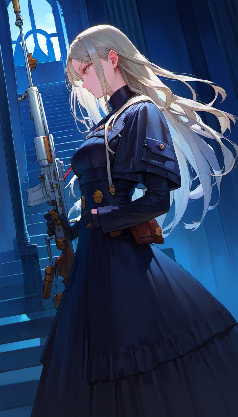 score_9, score_8_up, score_7_up, score_6_up,
a tall woman in a black dress holding a long anti-materiel rifle, opera, (third eye:0.8), black dress, open jacket, gloves, military uniform, platinum blonde hair, long hair,
from side, upper body, navel, close-up,
standing on the stairs of a castle, castle background,
<lora:yukihiro_kajimoto_so2r_pony:1>