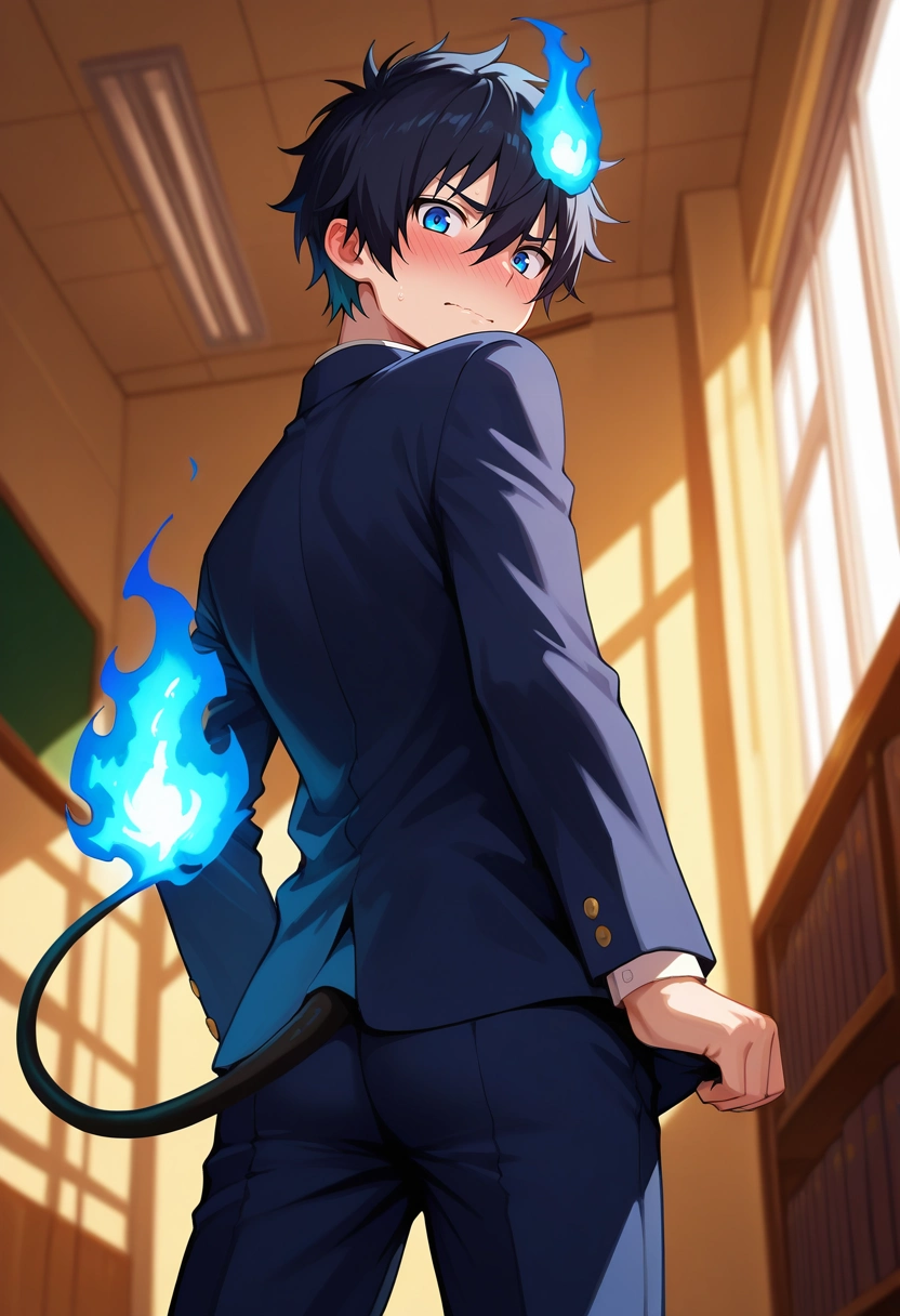 masterpiece, best quality, intricate details, , looking at viewer, , 1boy, solo, male focus, <lora:rin_okumura_ilxl:0.76>, rin_okumura, black hair, blue eyes, short hair, hair between eyes, , tail, blue fire, from below, school, indoors, looking back, embarrassed, nose blush,