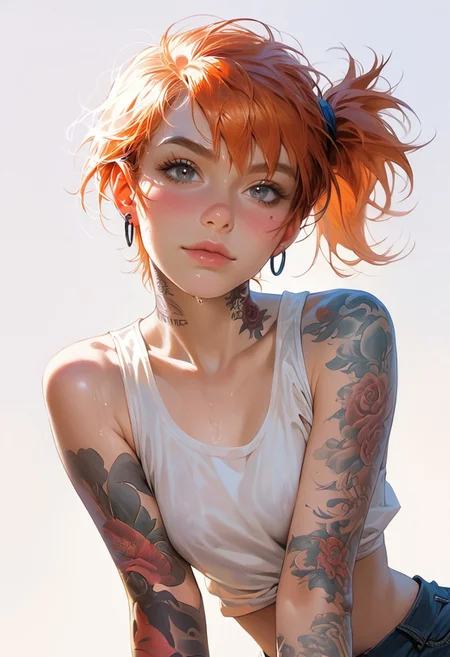 Realistic, score_9, score_8_up, score_7_up,Misty From pokemon, redhead, side ponytail, perfect face, perfect eyes, sexy, sexy girl, beautiful eyes, petite body, perfect cute face, tattoos sleeve, neck tattoos, piercings, punk girl, Oops, downblouse.  background Modifiers: extremely detailed Award winning photography, fantasy studio lighting, photorealistic very attractive beautiful imperial colours ultra detailed, Very Intricate, wet nipple,
