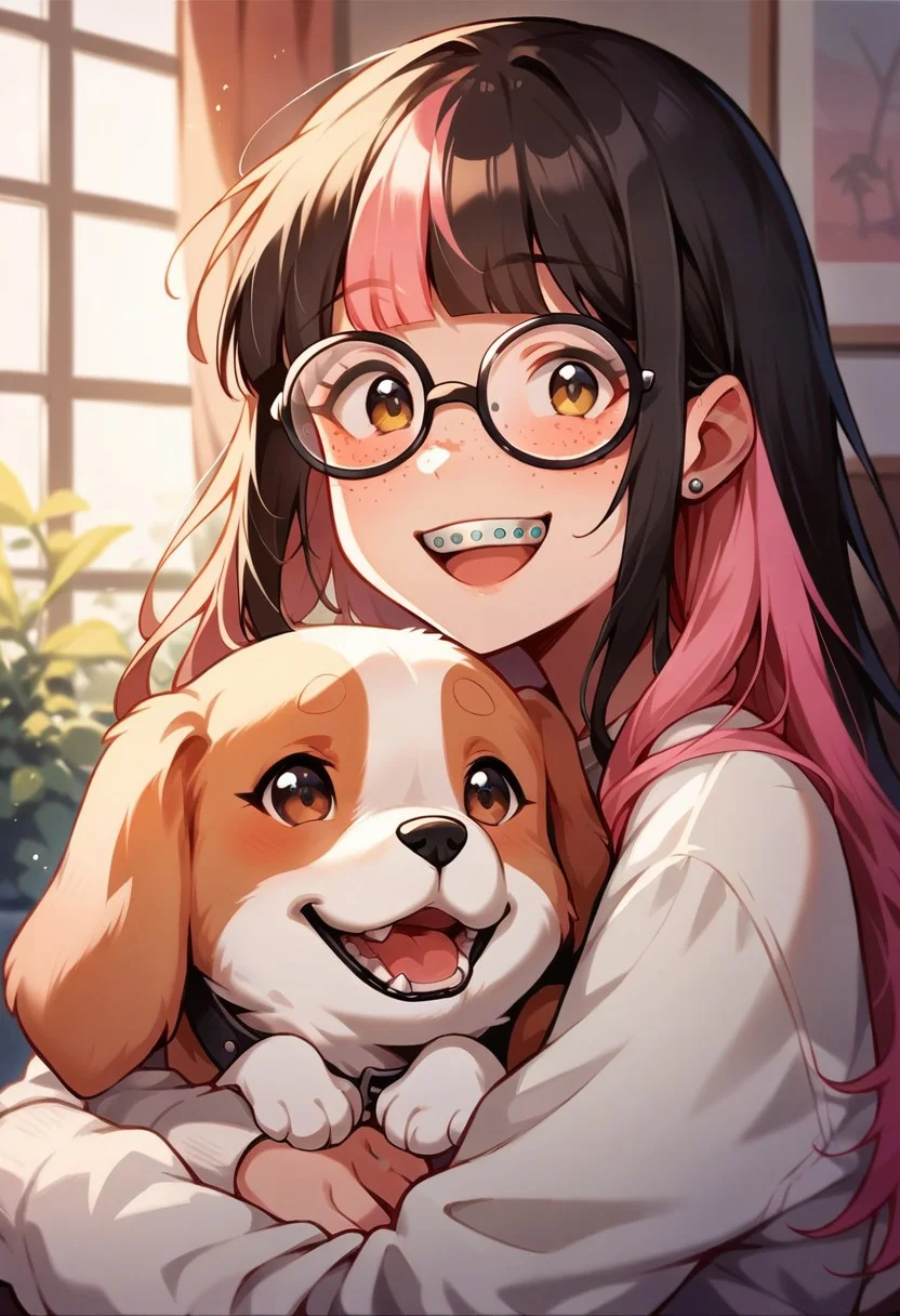score_9, score_8_up, score_7_up, score_6_up,  <lora:p3tl0v3XLP:1> p3tl0v3, 1girl, 22yo, multicolored pastel hair, hime cut, thick glasses, freckles, braces, cute smile, pet beagle, kawaii, cute, living room
