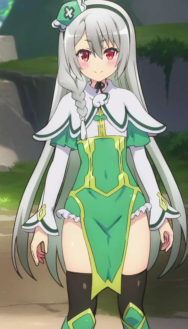 score_9,score_8_up,score_7_up,score_6_up BREAK official art,solo,outdoors,cowboy shot,looking at viewer,facing viewer,smile,blush,Maidena Ange,hat,green headwear,very long hair,grey hair,side braid,single braid,hair ornament,hairband,hair between eyes,parted bangs,red eyes,white capelet,green dress,frilled dress,layered sleeves,long sleeves,flat chest,zettai ryouiki,black thighhighs,knee boots,green footwear,<lora:Maidena Ange(ig)-Pony:1.6>,