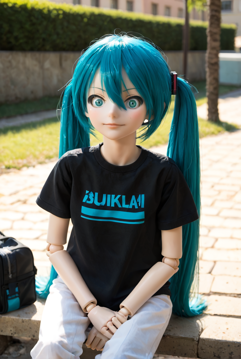 masterpiece, best quality, absurdres,score_9_up score_8_up score_7_up,   <lora:narupajin1:1> narupajin, (hatsune miku:0.8), 1girl, smile, portrait, twintails, aqua eyes, aqua hair, sitting, outdoors, short sleeves, pants, solo, t-shirt [blurry background:5], 3d, pvc doll, action figure, doll joints,
