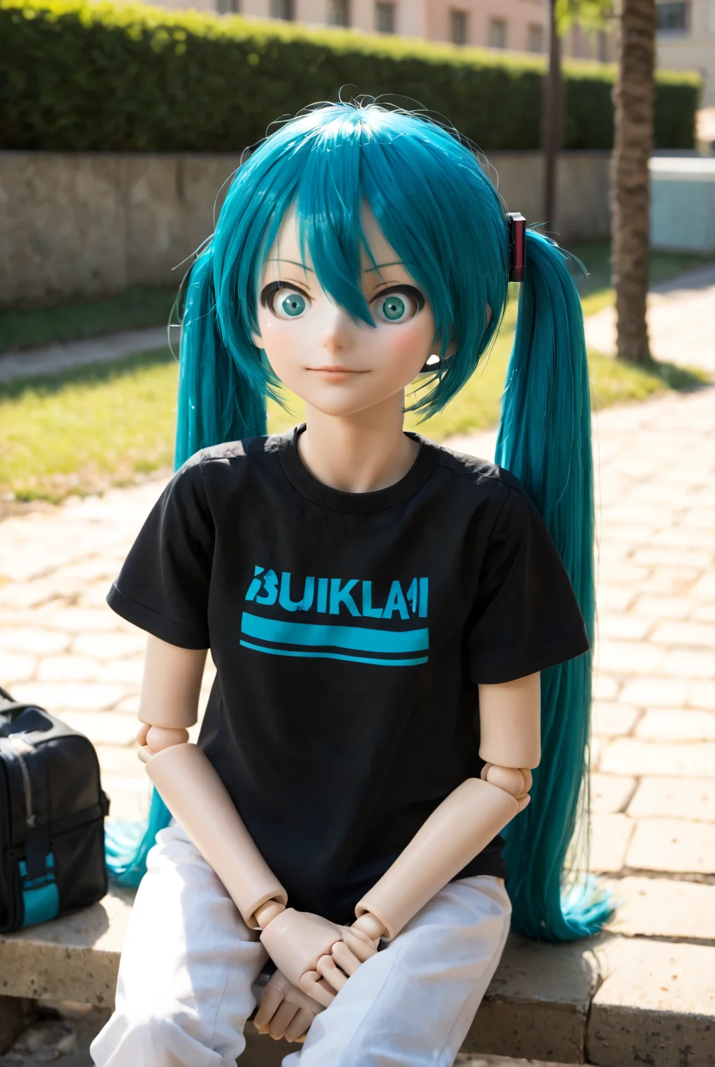 masterpiece, best quality, absurdres,score_9_up score_8_up score_7_up,   <lora:narupajin1:1> narupajin, (hatsune miku:0.8), 1girl, smile, portrait, twintails, aqua eyes, aqua hair, sitting, outdoors, short sleeves, pants, solo, t-shirt [blurry background:5], 3d, pvc doll, action figure, doll joints,