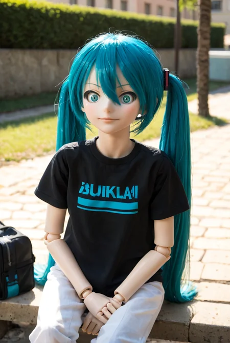 masterpiece, best quality, absurdres,score_9_up score_8_up score_7_up,   <lora:narupajin1:1> narupajin, (hatsune miku:0.8), 1girl, smile, portrait, twintails, aqua eyes, aqua hair, sitting, outdoors, short sleeves, pants, solo, t-shirt [blurry background:5], 3d, pvc doll, action figure, doll joints,