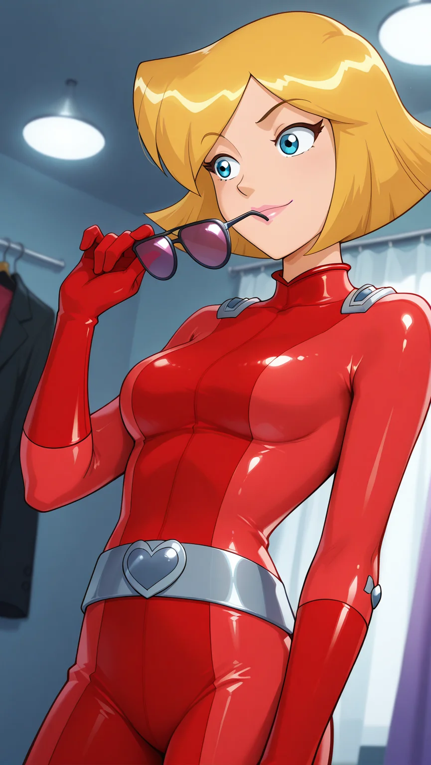 masterpiece, best quality, best aesthetic, 1girl, detailed background, cinematic lighting, low angle, source_anime, official style, dressing room, clothes hangers, clothes, tiny spotlights, glitters, (black outline:0.8),
1girl, adult woman, clover_totally_spies, red bodysuit, confident, naughty, blonde, skinny, medium breasts, diva pose, proud, hand holding sunglasses, pink lips,
<lora:Hand v2:1>, <lora:feet_anime_pony_v2:1>, <lora:Clover_TotallySpies:1.2>