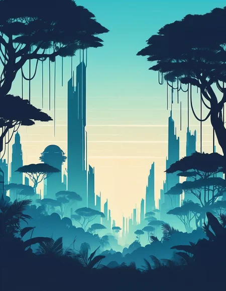 minimalistic, flat color, no lineart, gigantic sci-fi skyline in a fantasy jungle, silhouette, simple bright background
