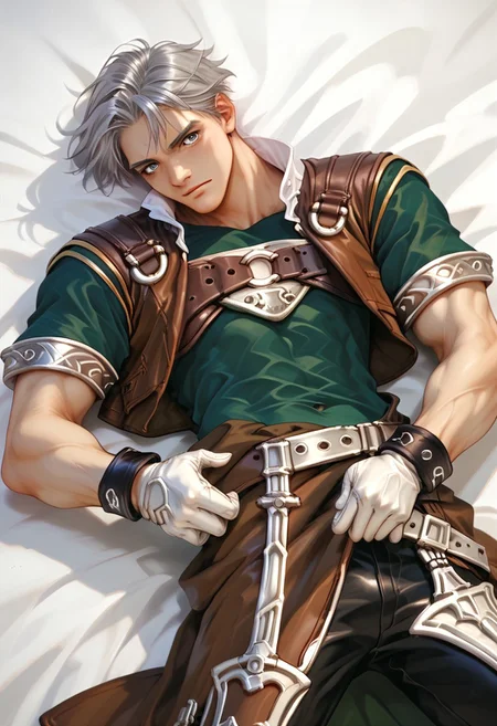 score_9, score_8_up, score_7_up, male focus, toned male, natgra2, gray eyes, short hair, silver hair, steel greaves, plated footwear, brown skirt, black pants, green shirt, brown leather vest, silver belts, white gloves, silver chest plate, top-down bottom-up