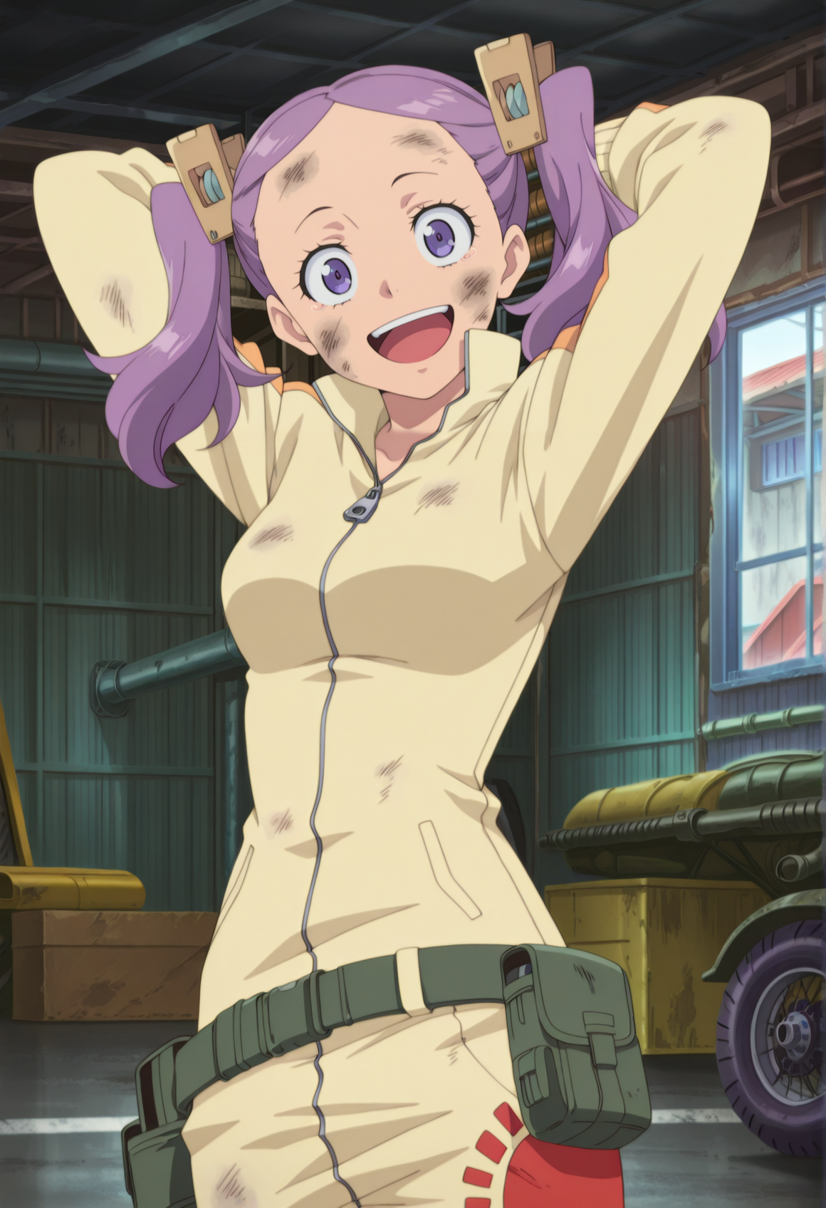 anime screenshot, anime screencap, anime coloring, 1girl, 1girl, purple hair, purple eyes, forehead, twintails, hair ornament, track suit, belt, pouch, indoors, garage, dirty face, hands behind head, head tilt, laughing,   <lora:wahanly_seikishi:1>, masterpiece, best quality, amazing quality, very aesthetic, absurdres, highres, newest