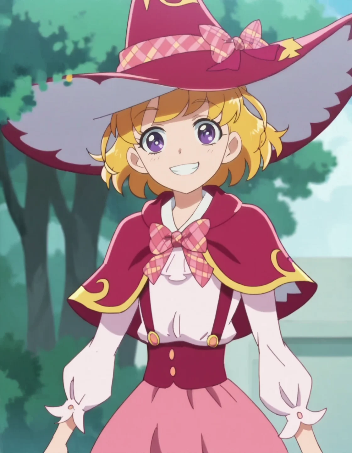 score_9, score_8_up, score_7_up, anime screencap, solo,1girl,asahinamirai, purple eyes,blonde hair,school uniform, witch, pink witch hat,smile, pink skirt,capelet,cowboy shot,looking at viewer<lora:asahinamirai:0.8>