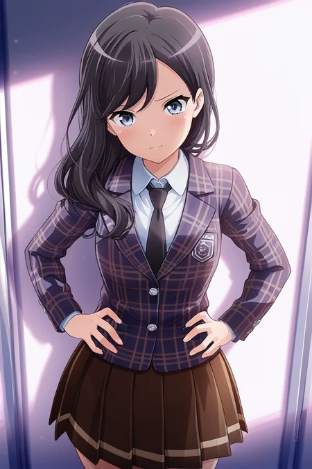 masterpiece, best quality, amazing quality,
<lora:Koharu_IL:1> koharu, 1girl, solo, skirt, necktie, long hair, black hair, blue eyes, plaid blazer, brown skirt, school uniform, pleated skirt, black necktie, hands on waist