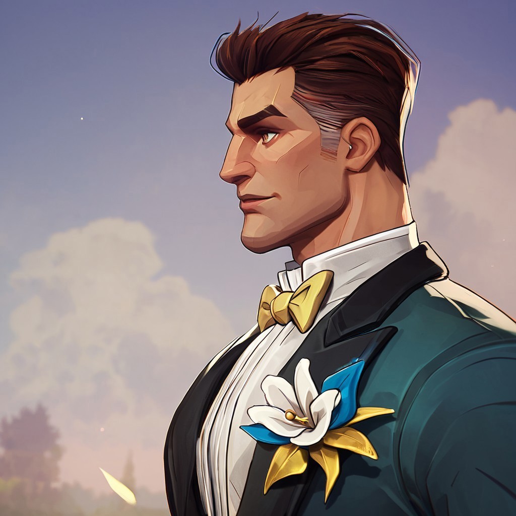 score_9, score_8_up, score_7_up, masterpiece, best quality, newest, absurdres, highres, solo, solo focus, male focus, 1boy, ReedRichards-Lifefantasticskin-V1.0,   suit, formal clothes, bowtie, brown hair, brown eyes, flower, shrt hair, pants, yellow bowtie, portrait,